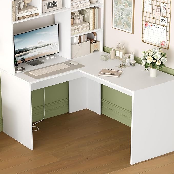 Biurko komputerowe narożne L – białe, z półkami | NOWOCZESNE