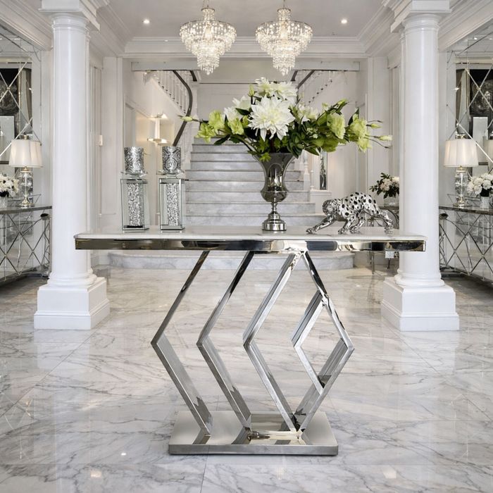 Nowoczesna srebrna konsola komoda z marmurem premium meble glamour