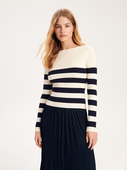 Полосатый джемпер бежевый кофта трикотаж в полоску reserved блузка блуза свитер в обтяжку по фигуре