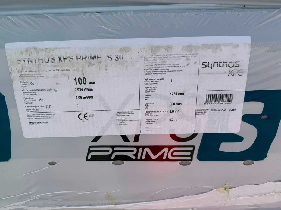 Płyta ekstrudowana XPS SYNTHOS PRIME S 30 L λ=0,034 W/mK 100/600/1250 mm (0,300 m3)