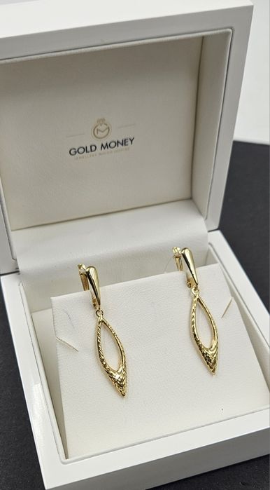 Złote kolczyki wiszące 585  eleganckie młotkowane krople Gold Money