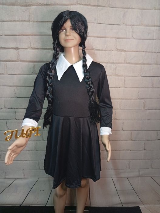 Strój sukienka Wednesday Addams peruka 116-122