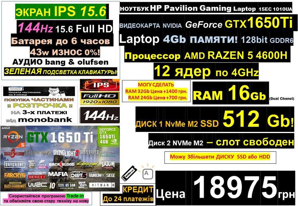 є90 Ноутбуків‼️HP‼️144Hz‼️GTX1650Ti‼️Ryzen 5 4600H‼️RAM 16Gb/SSD512Gb