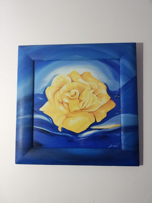 Quadro Único: Rosa Amarela Vibrante - Moldura Artesanal Pintada à Mão