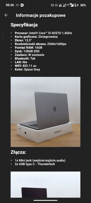 Laptop Apple MacBook Pro i5-8257U 16GB 128GB NVME Space Gra