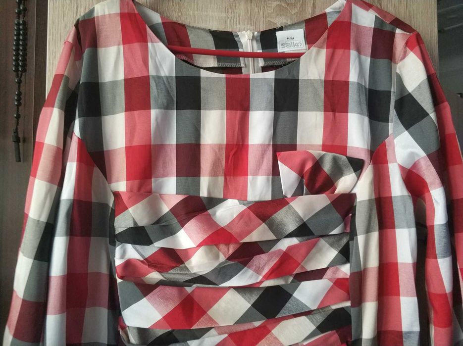 Bluzka Damska Czerwona Kolorowa sweter sweterek rękaw 3/4 kratka krata