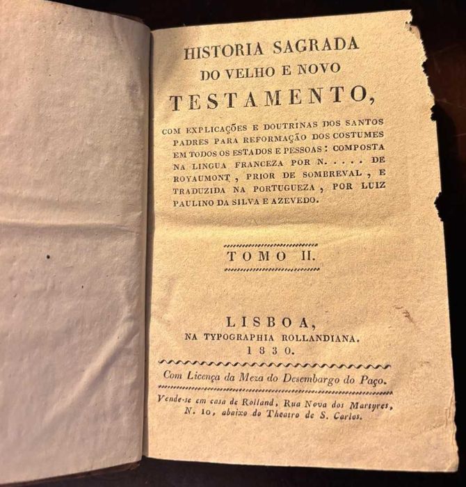 Livro antigo (2 tomos) "Historia Sagrada do Velho e Novo Testamento" de N. de Royaumont (Prior de Sombreval) 1830