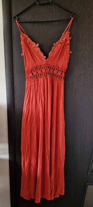 Sukienka maxi na ramiączkach wiskoza 100% koronką haft boho 38 M