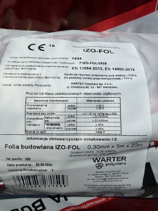Folia budowlana 0,3mm 50%  CE Atest