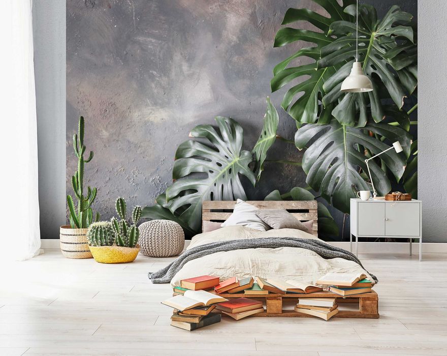 Fototapeta Liście Monstera Beton Do Pokoju 3D Na Twój Rozmiar + KLEJ