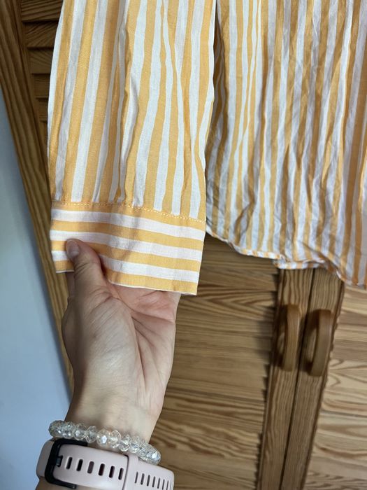 Cienka koszula damska oversize paski pomarańczowo białe bawełna 46 H&M