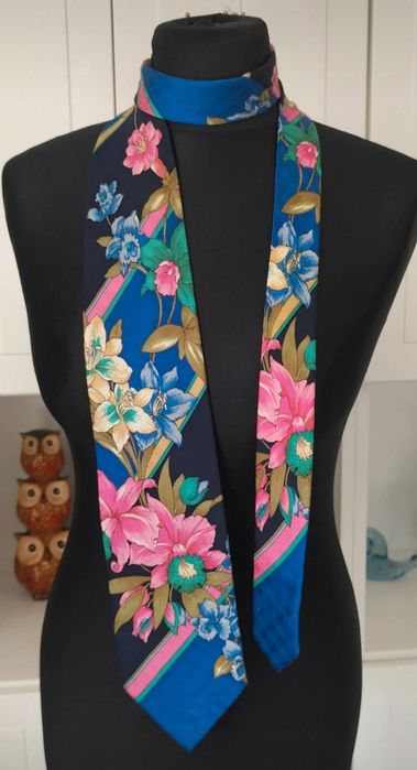 Jedwabny kolorowy włoski krawat vintage w kwiaty flower silk tie Italy