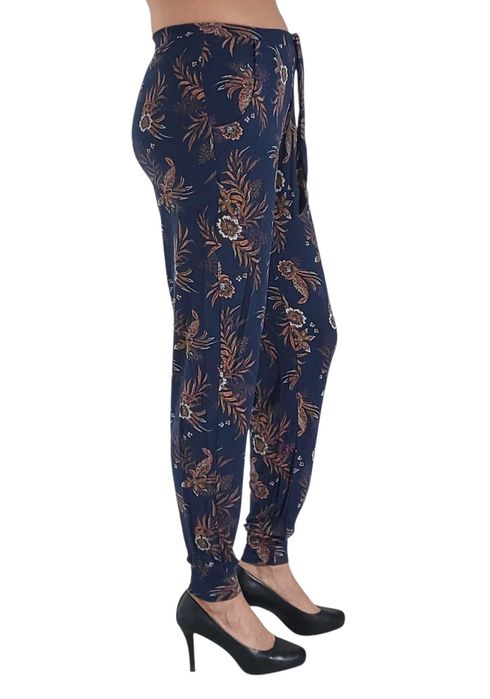 Granatowe spodnie z wiskozy w brązowe kwiaty, R. S/M/L