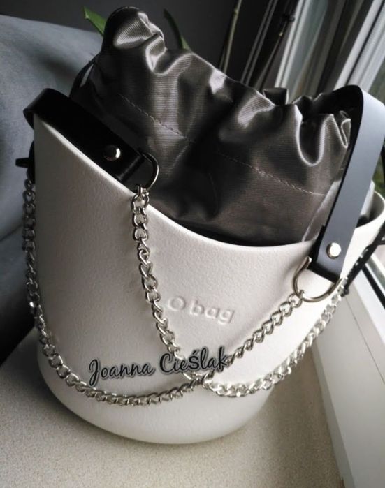 CZARNE SKÓRZANE uchwyty/glamy+ SREBRNY łańcuszek do O bag BASKET