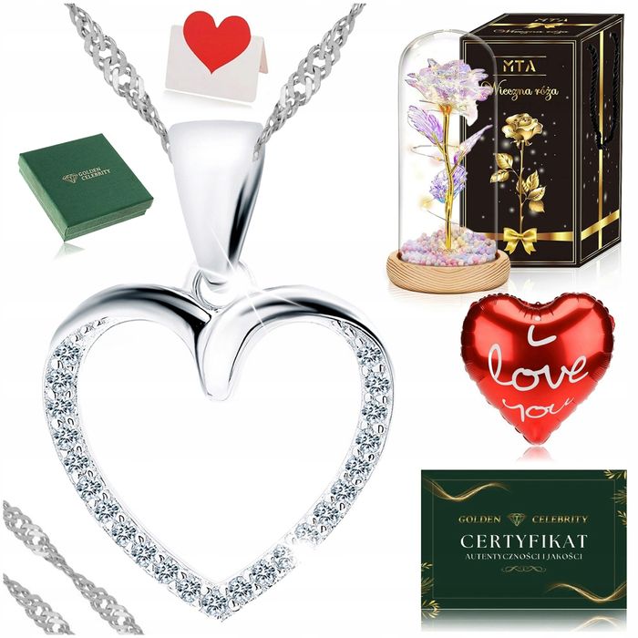 Srebrny Naszyjnik Serduszko Celebrytka Z Cyrkoniami 925 + Róża Wieczna