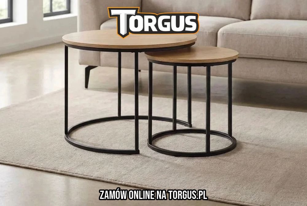 NOWY Zestaw 2 Stolików 2w1 Kawowych Okrągłych Stolik Jasny Dąb Loft Metalowe Nogi Do Salonu Sypialni Biura Ława Okrągła Komplet Mebli Tanio OKAZJA! FV