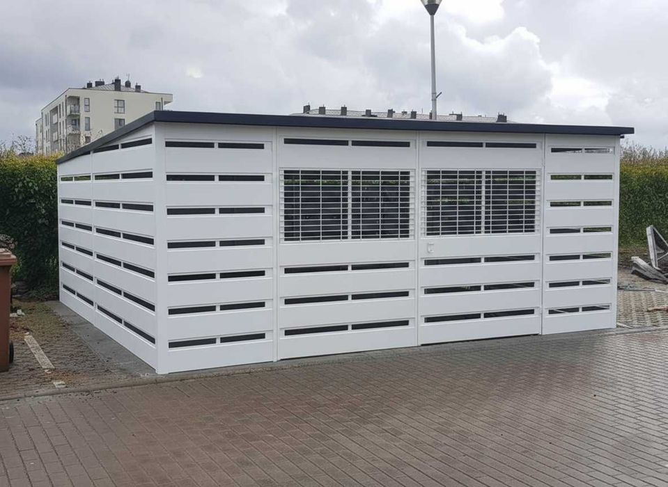 Nowoczesna Wiata Śmietnikowa 4x4 – Biały RAL, Dach jednospadowy