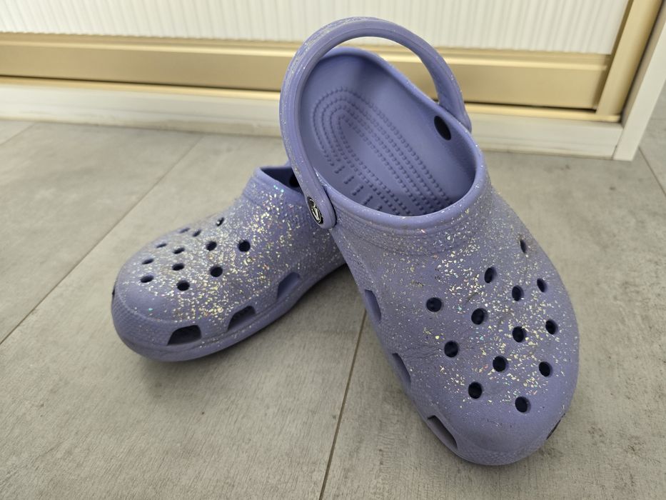 Crocs j5 fioletowe 37 38 glitter brokatowe buty