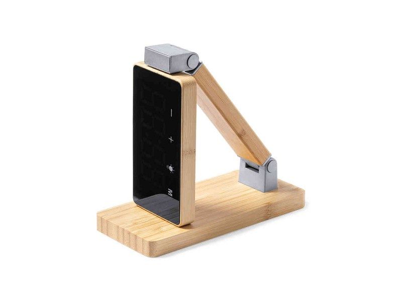 Relógio Multifuncional em Bambu com Carregamento Wireless 15W