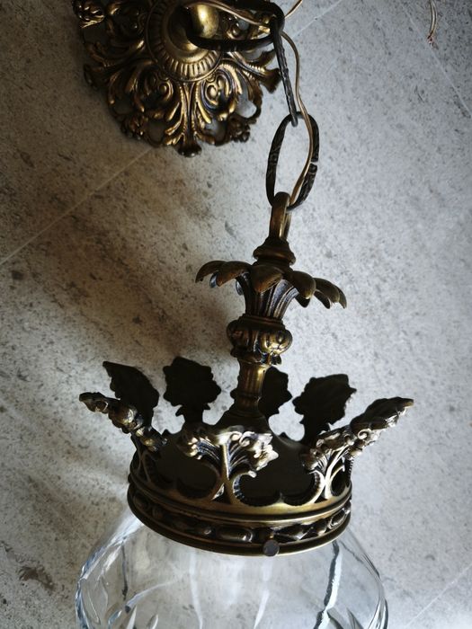 Candeeiro Suspensão Antigo / Lanterna de Hall em Bronze e Cristal