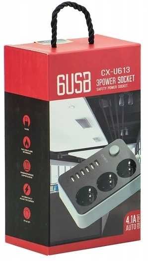 Przedłużacz listwa zasilająca 3 gniazda + 6 USB 4A