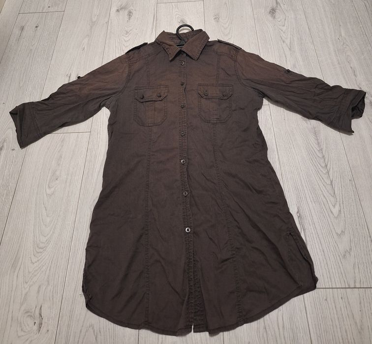 Brązowa długa koszula / tunika z kieszeniami #S#