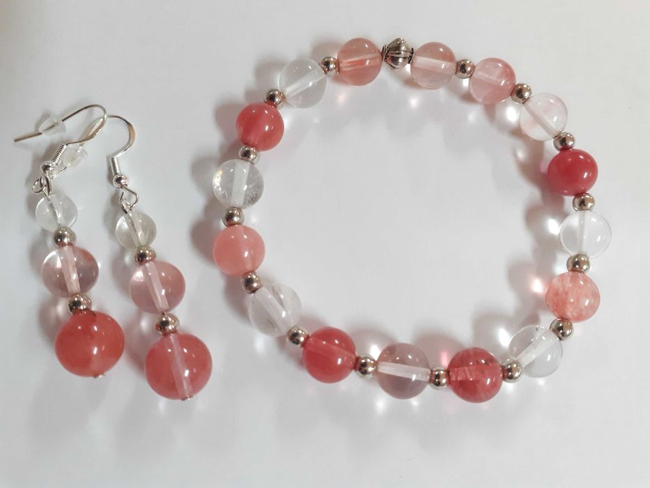 Komplet biżuterii - kamień kwarc arbuzowy - bransoletka i kolczyki ...