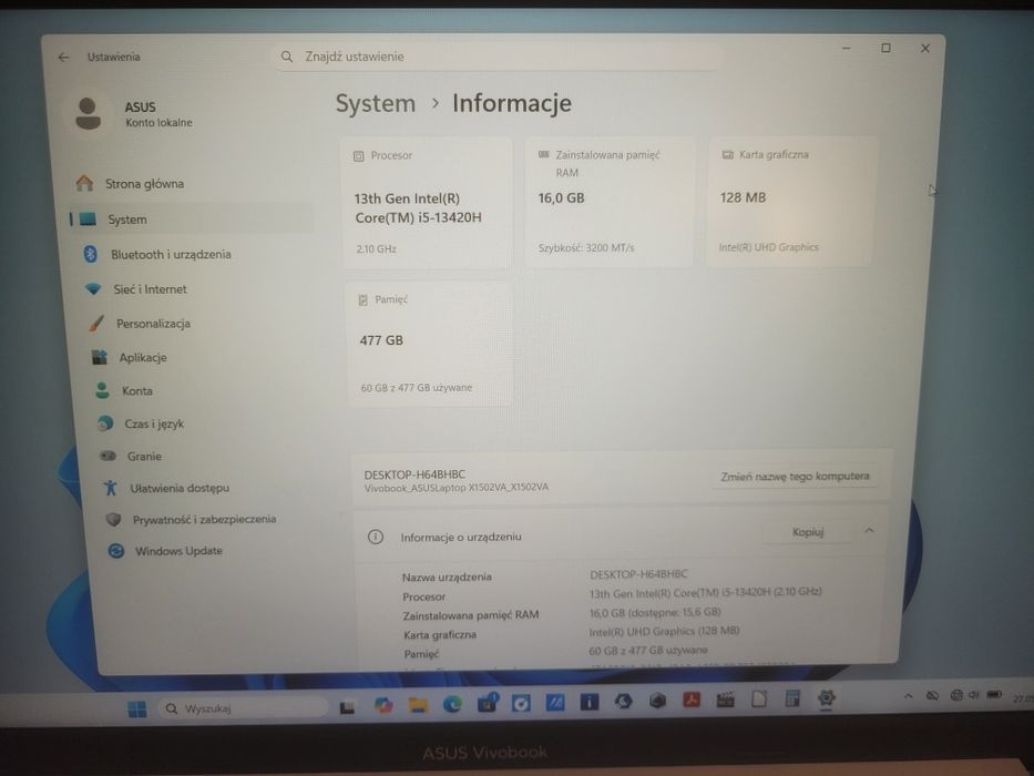 Asus Vivobook 15 Intel Core i5 -13420H/16GB/512GB/Win11/Gwarancja