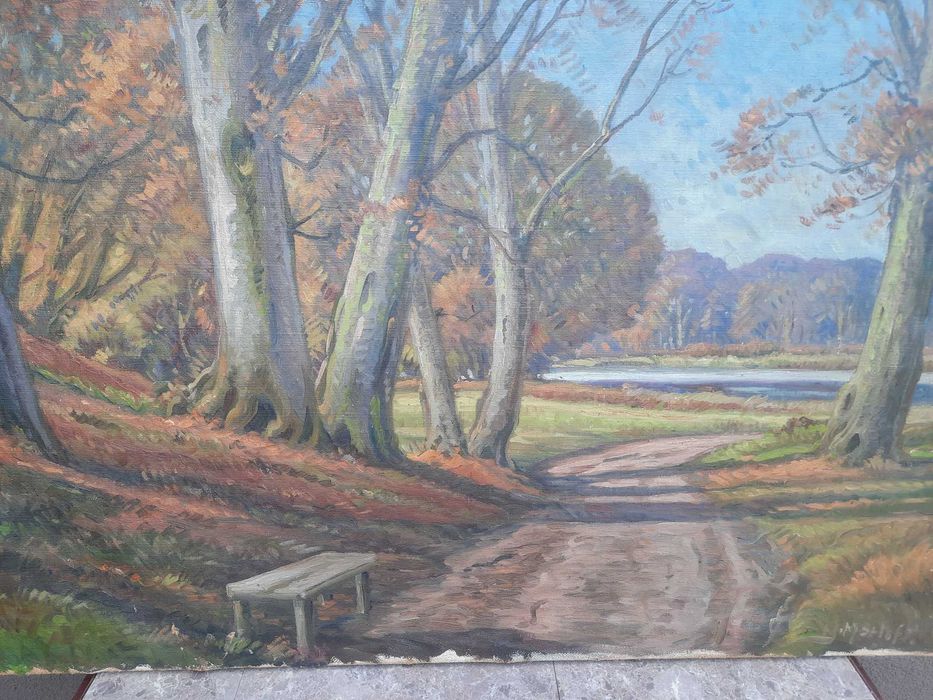 64 Pejzaż ławka w parku duży obraz sygnowany