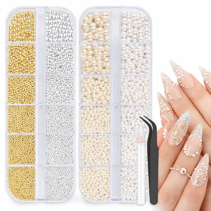 Zestaw koralików 3D do paznokci – złoto, srebro, perełki + akcesoria