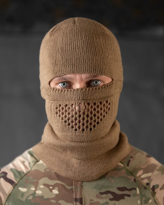 Тактична військова шапка-балаклава в'язана зимова на флісі Олива Койот