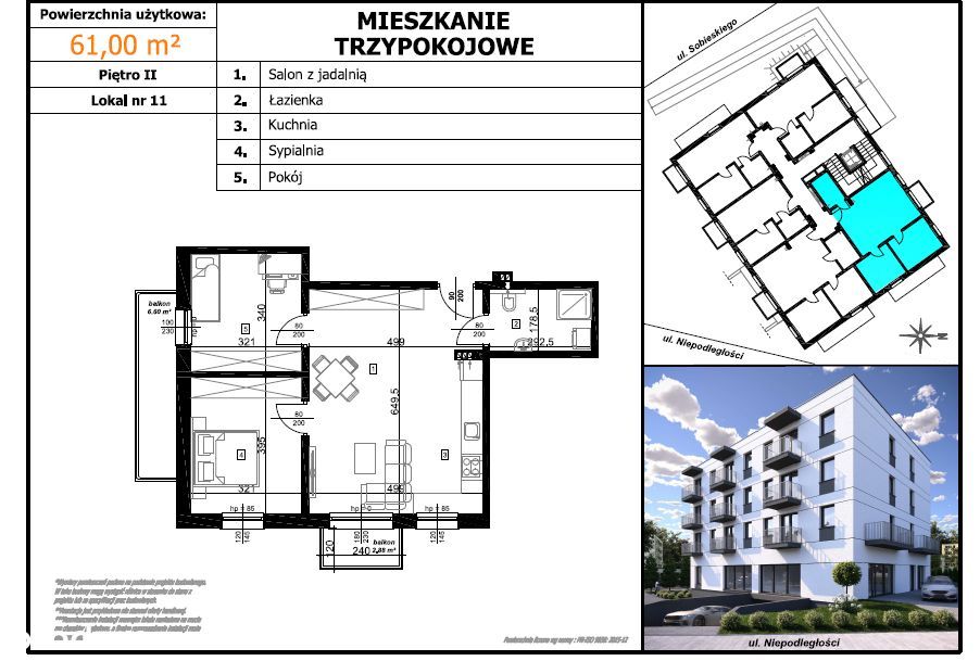 3 pokoje | 61 m² | 2. piętro | centrum miasta