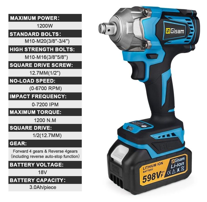 Chave de impacto com 1200n.m Torque, com 2 bateria de 588V