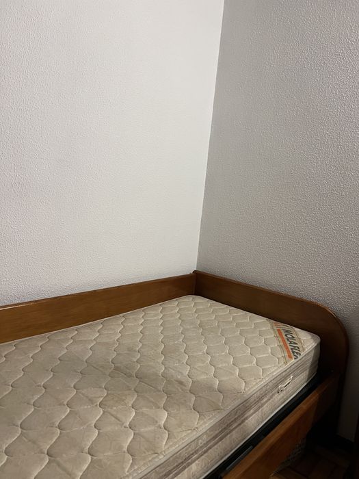 Cama, estrado, colchão (madeira maciça, molaflex)