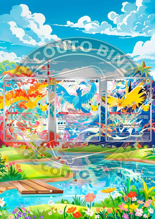 Extended Art TCG POKEMON | Moltres Articuno Zapdos 130,132,133/128 | 30th Celebration