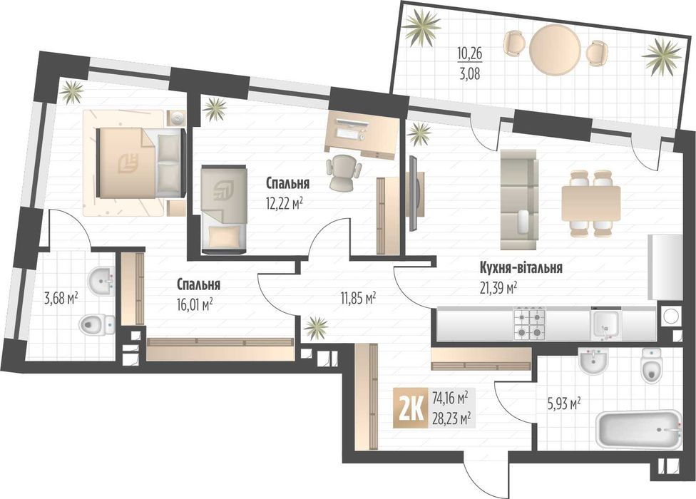 2-rooms apartment apartment by the address (area 74,2 m²) - Atlanta.ua - photo 3