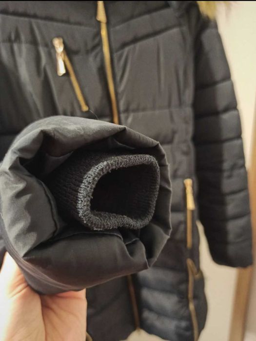 Płaszcz zimowy długa ciepła kurtka L XL granat pikowany ciepły kaptur