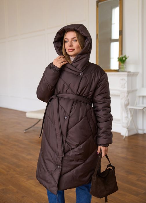 Куртка зимова жіноча для вагітних шоколадний  Пальто довге з капюшоном