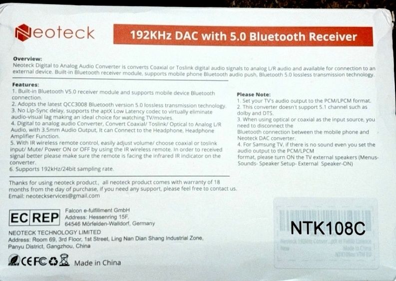 DAC Neoteck- opt, coax, Bluetooth, pilot