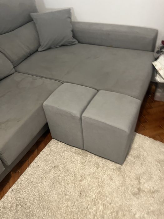 Sofá Cinzento c/ Chaise Longue + 2 Bancos e Arrumação