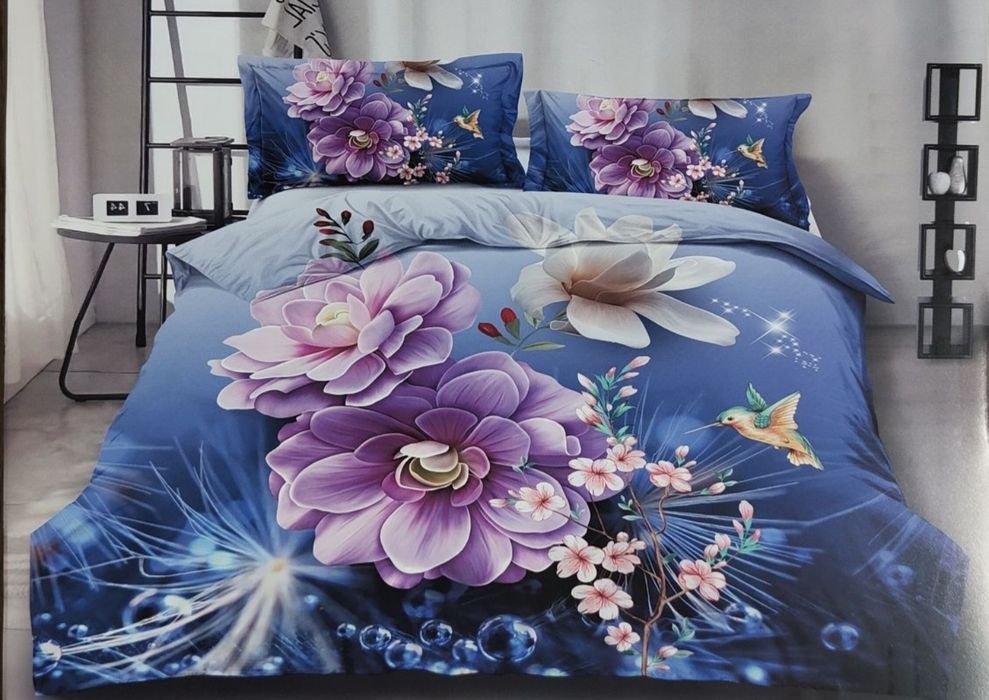 Komplet Pościeli Niebieska w Kwiaty 160x200cm, 4 częściowa