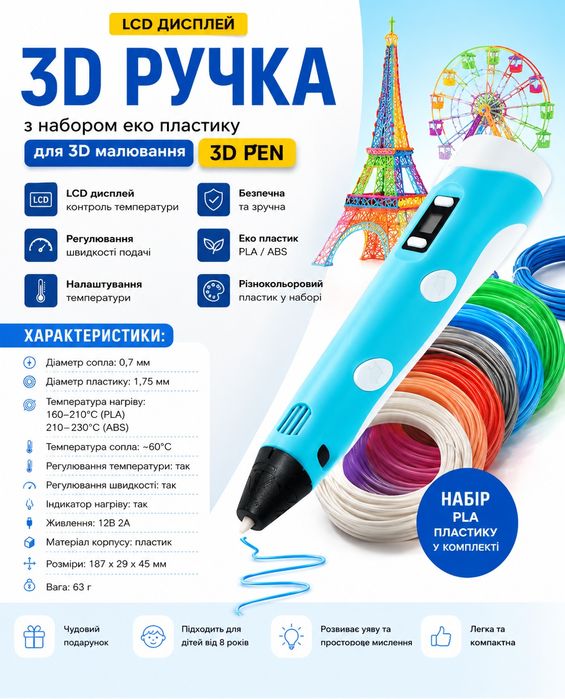 3D ручка з LCD-дисплеєм та набором PLA-пластику для 3D-малювання Digital 3D Pen Blue