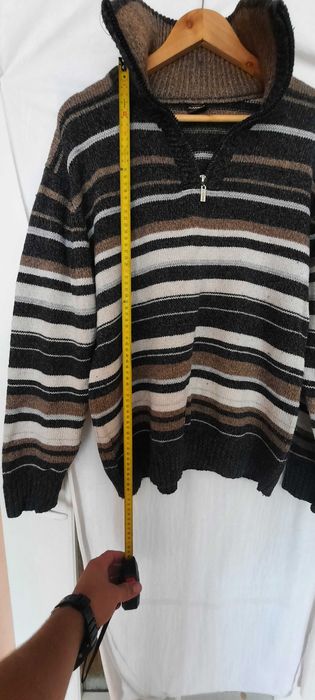 Sweter golf rozpinany Kaner paski szaro-brązowo-beżowe XXL wełna