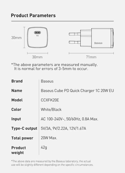 Зарядний пристрій Baseus Cube PD Quick Charger 20W EU