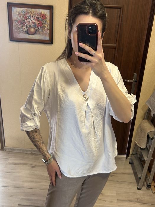 Elegancka koszula luźny krój dekolt V boho biała bluzka