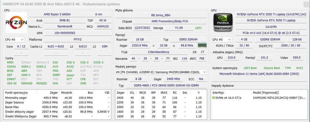 Acer Nitro 5 R5-6600H RTX3050Ti 16 GB 144Hz RTX 3050 Ti 100% SPRAWNY