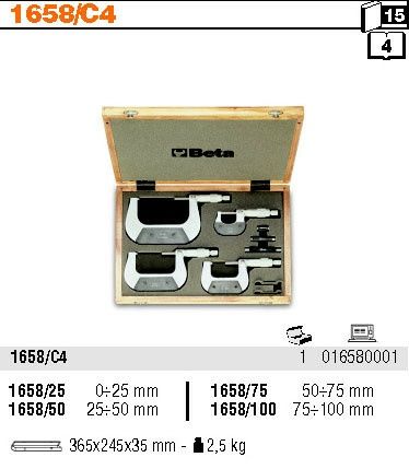 Zestaw mikrometrów zewnętrznych Beta 1658/C4 4 sztuki 0-100mm