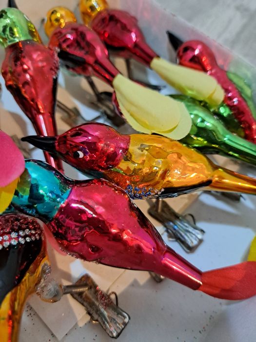 Bombki szklane ptaszki na klipsie unikat retro styl prl