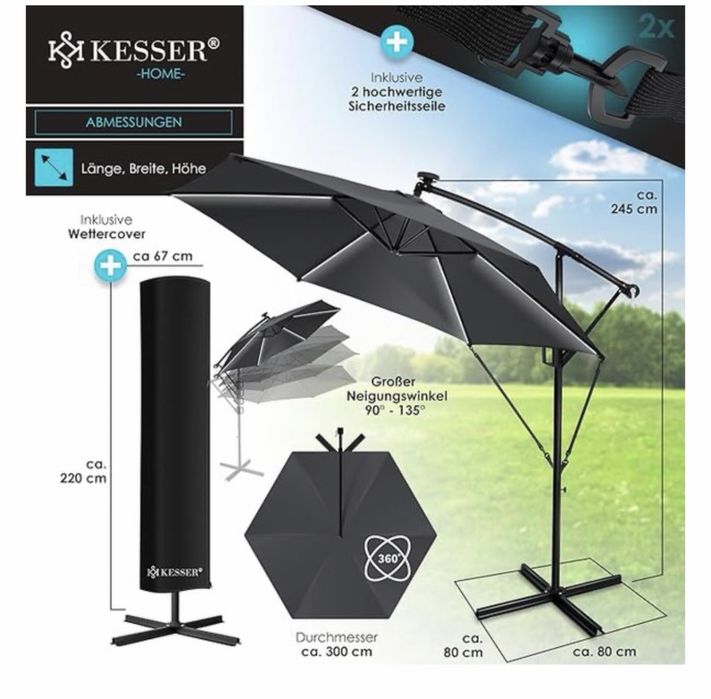 Parasol ogrodowy KESSER 350x245 cm LED Solar czarny z pokrowcem