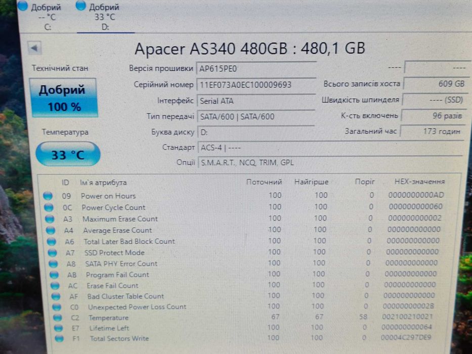 ЯК НОВИЙ SSD ССД диск APACER 480GB AS340G - практично без пробігу!
